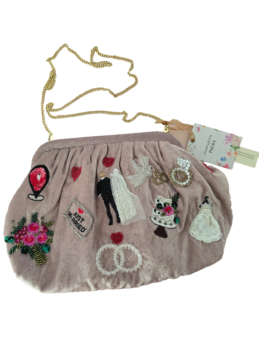 NWT Handcrafted India Beaded Applique "Just Married" Wedding Purse Mauve Bride